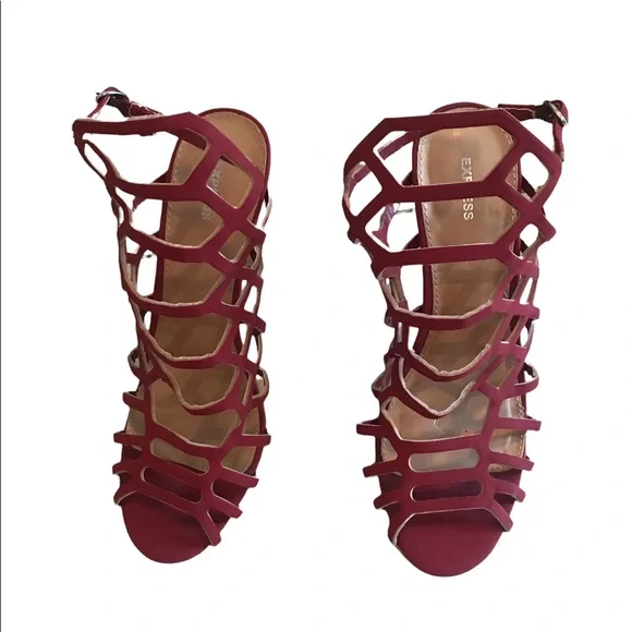 Express Suede Shiraz Wine Burgundy Stiletto High Heel Caged Sandals Size 9 - Picture 3 of 7